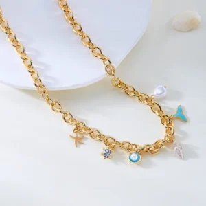 Shiny Conch Shell & Fish Tail Charm Gold Plated Necklace