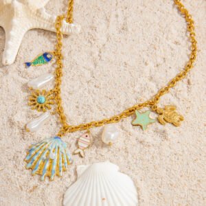 Marine Beach Sun Starfish Shell 18K Gold Plated Multi-Charm Necklace